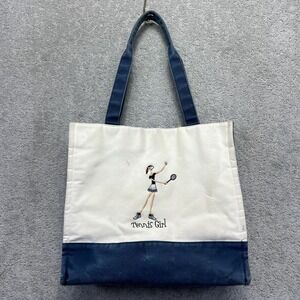 The Girls Sunny Hawaii Tote Bag White Blue Stripe Tennis Girl Embroidered Canvas
